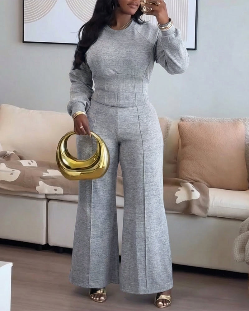 2-Piece O-Neck Sweatshirt and Wide-Leg Pants Set with Cinched Waist