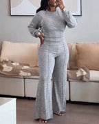 2-Piece O-Neck Sweatshirt and Wide-Leg Pants Set with Cinched Waist
