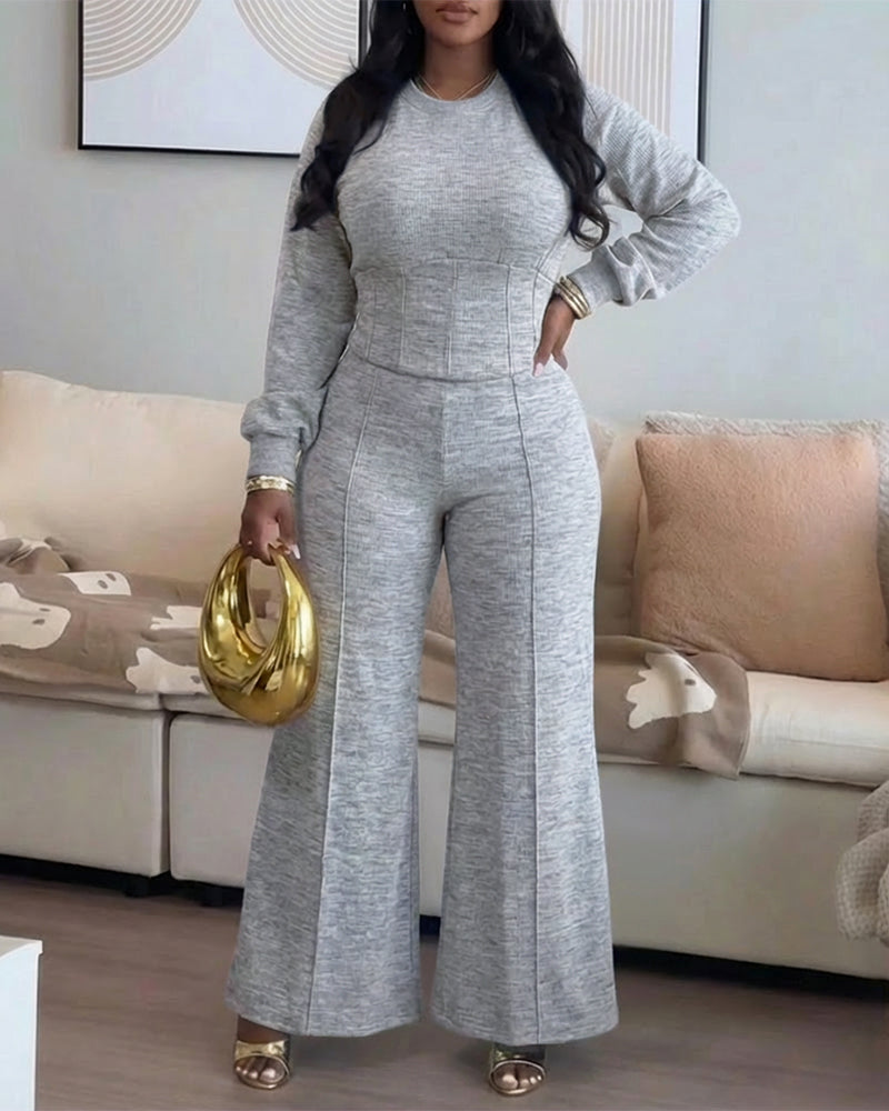 2-Piece O-Neck Sweatshirt and Wide-Leg Pants Set with Cinched Waist