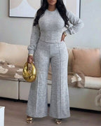 2-Piece O-Neck Sweatshirt and Wide-Leg Pants Set with Cinched Waist