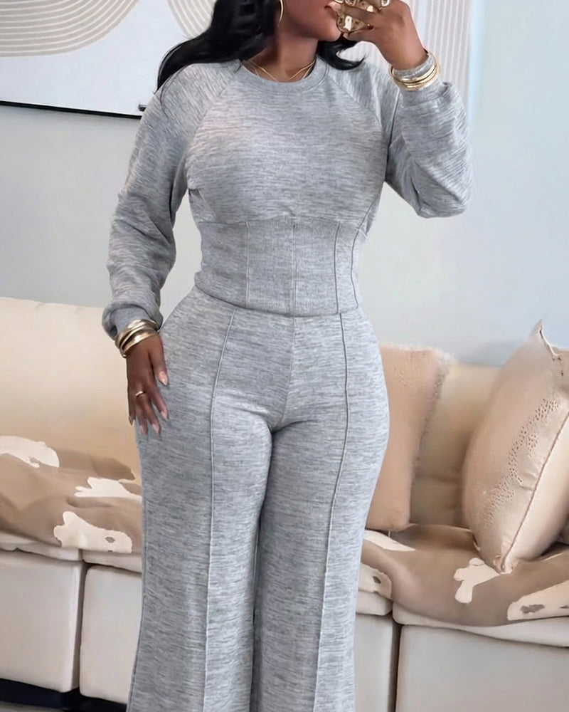 2-Piece O-Neck Sweatshirt and Wide-Leg Pants Set with Cinched Waist
