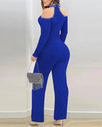 Cold Shoulder Rhinestone Halter Jumpsuit with Zipper Back