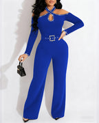 Cold Shoulder Rhinestone Halter Jumpsuit with Zipper Back
