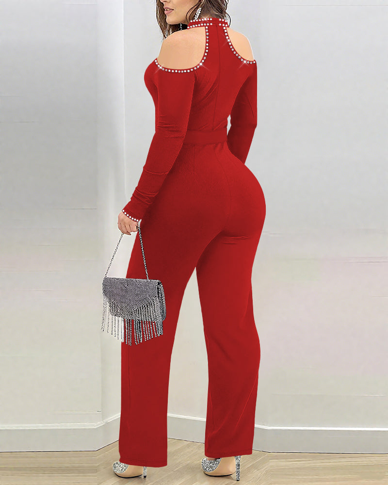 Cold Shoulder Rhinestone Halter Jumpsuit with Zipper Back
