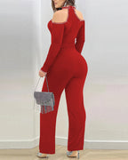 Cold Shoulder Rhinestone Halter Jumpsuit with Zipper Back