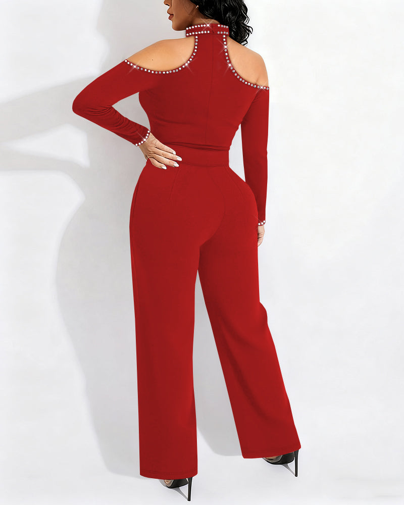 Cold Shoulder Rhinestone Halter Jumpsuit with Zipper Back