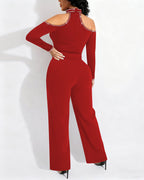 Cold Shoulder Rhinestone Halter Jumpsuit with Zipper Back