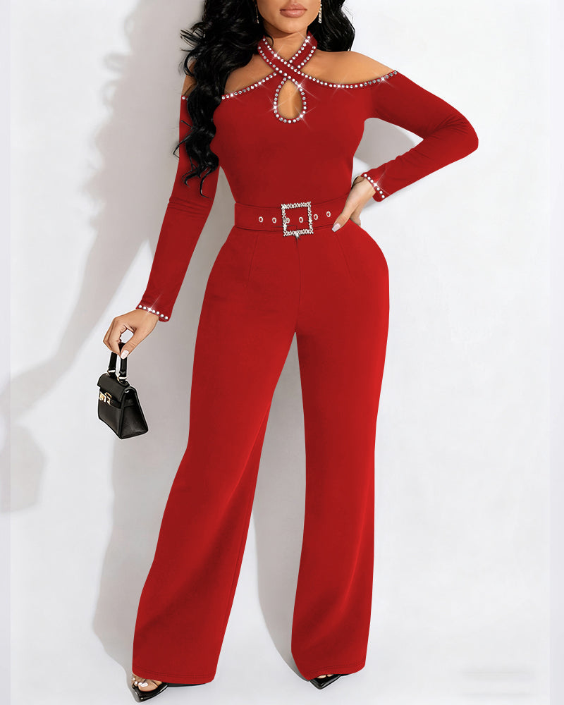 Cold Shoulder Rhinestone Halter Jumpsuit with Zipper Back