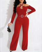 Cold Shoulder Rhinestone Halter Jumpsuit with Zipper Back