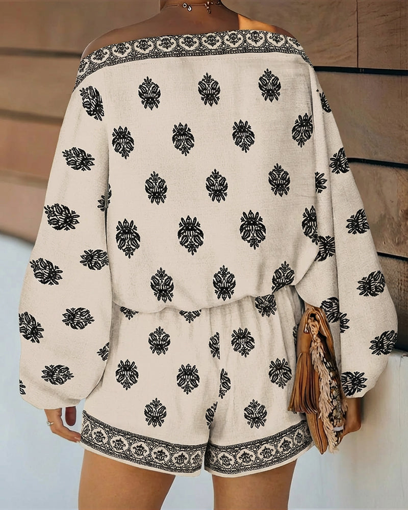 2-Piece Boho Set: Lantern Sleeve Top and Shorts Outfit