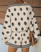 2-Piece Boho Set: Lantern Sleeve Top and Shorts Outfit