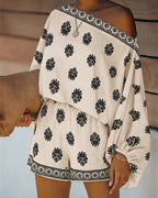2-Piece Boho Set: Lantern Sleeve Top and Shorts Outfit