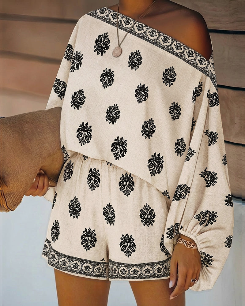 2-Piece Boho Set: Lantern Sleeve Top and Shorts Outfit
