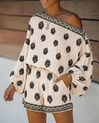 2-Piece Boho Set: Lantern Sleeve Top and Shorts Outfit