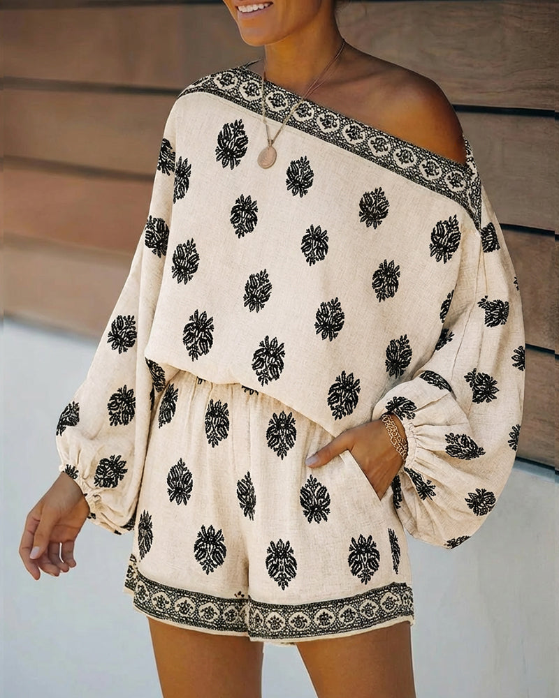 2-Piece Boho Set: Lantern Sleeve Top and Shorts Outfit