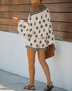 2-Piece Boho Set: Lantern Sleeve Top and Shorts Outfit