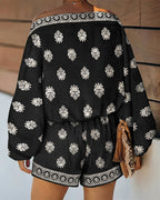 2-Piece Boho Set: Lantern Sleeve Top and Shorts Outfit