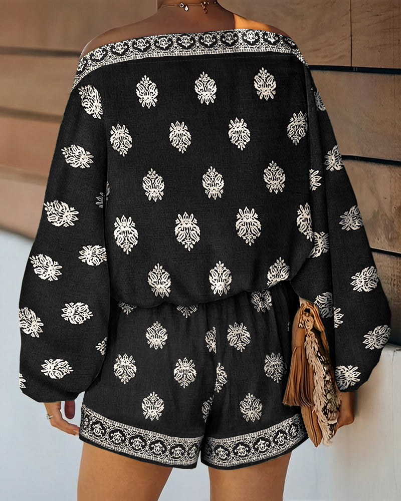 2-Piece Boho Set: Lantern Sleeve Top and Shorts Outfit