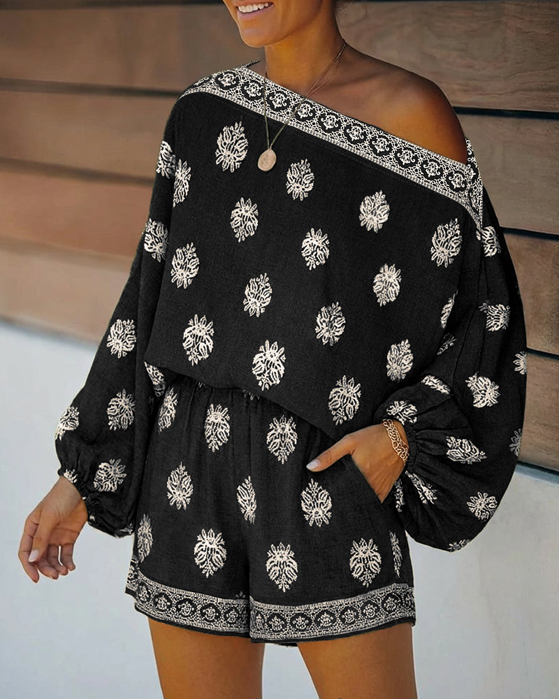 2-Piece Boho Set: Lantern Sleeve Top and Shorts Outfit