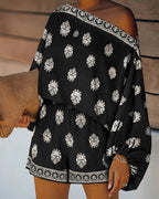 2-Piece Boho Set: Lantern Sleeve Top and Shorts Outfit