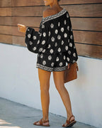 2-Piece Boho Set: Lantern Sleeve Top and Shorts Outfit