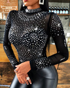 Mock Neck Rhinestone Bodysuit, Sheer Mesh, Open Back
