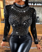 Mock Neck Rhinestone Bodysuit, Sheer Mesh, Open Back
