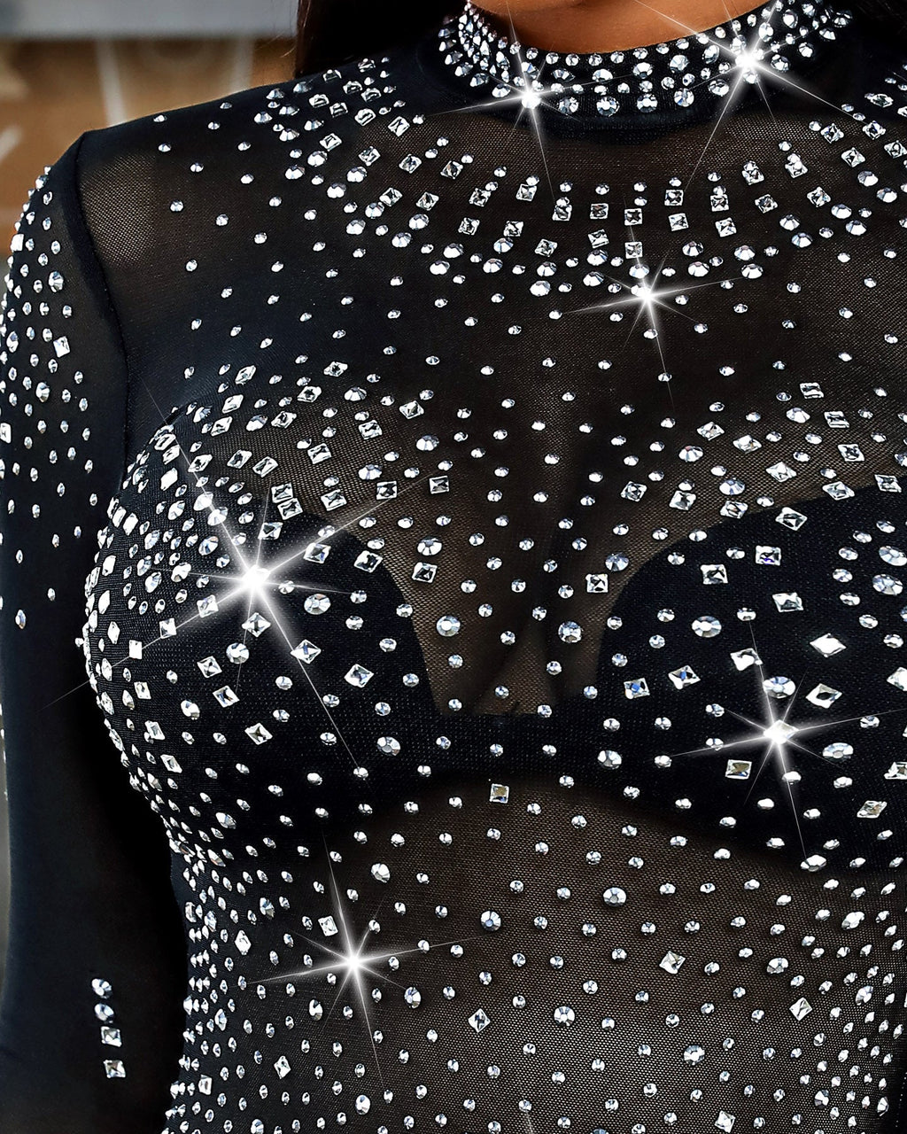 Mock Neck Rhinestone Bodysuit, Sheer Mesh, Open Back