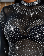 Mock Neck Rhinestone Bodysuit, Sheer Mesh, Open Back