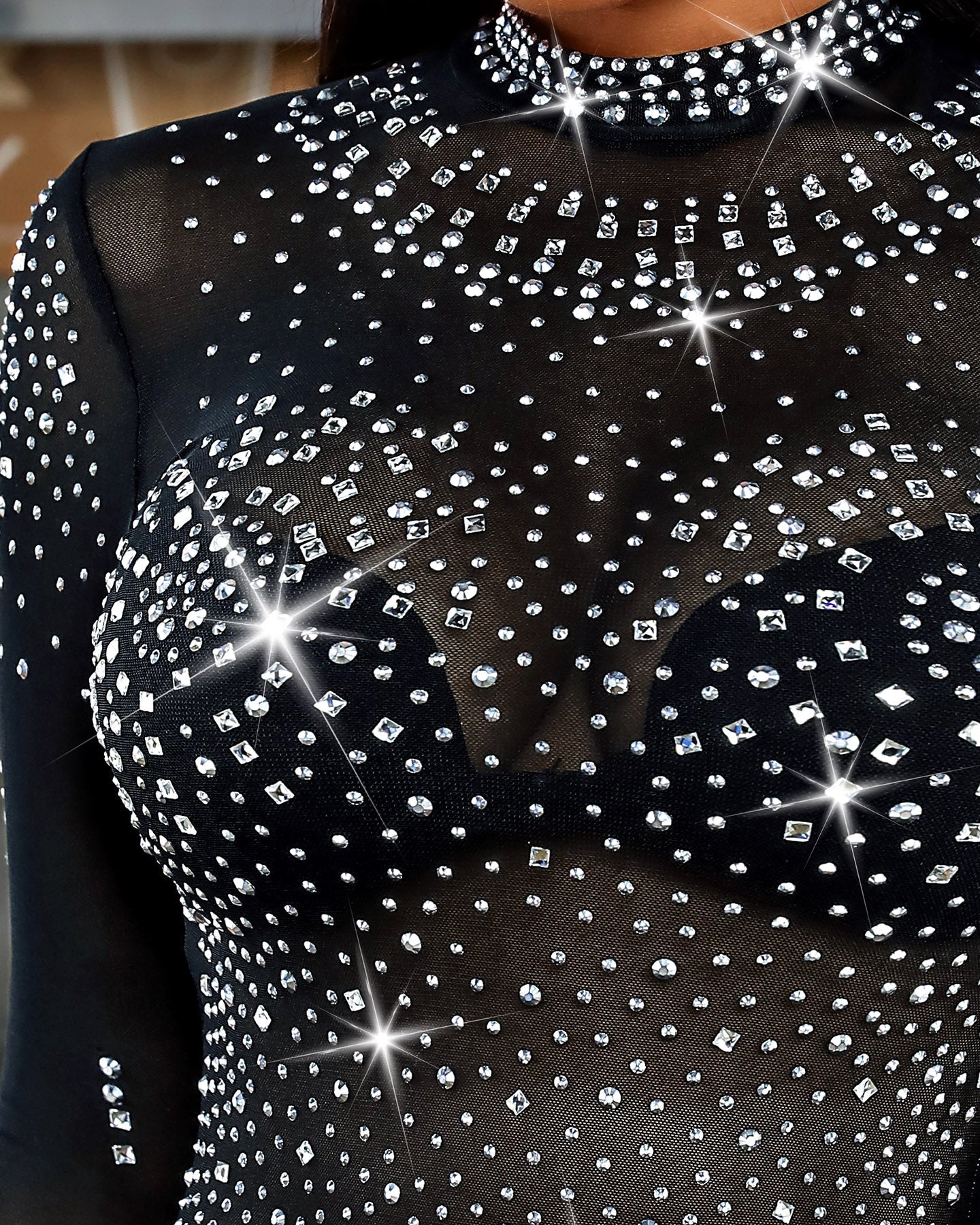 Mock Neck Rhinestone Bodysuit, Sheer Mesh, Open Back
