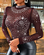 Mock Neck Rhinestone Bodysuit, Sheer Mesh, Open Back