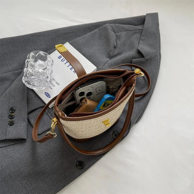 Straw bucket crossbody bag