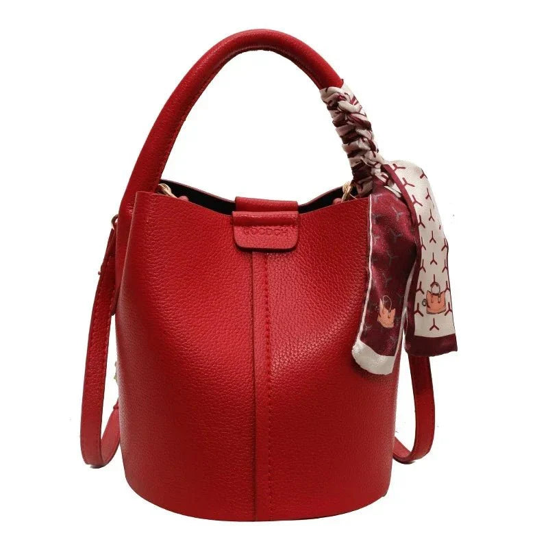 Leather red bucket crossbody bag