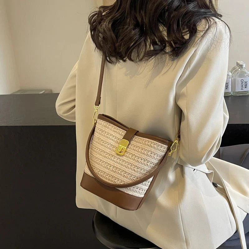 Straw bucket crossbody bag