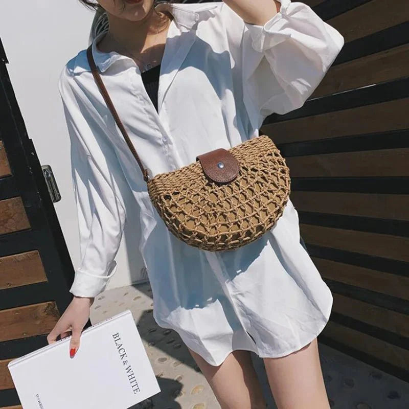 Wicker Half Moon Bag