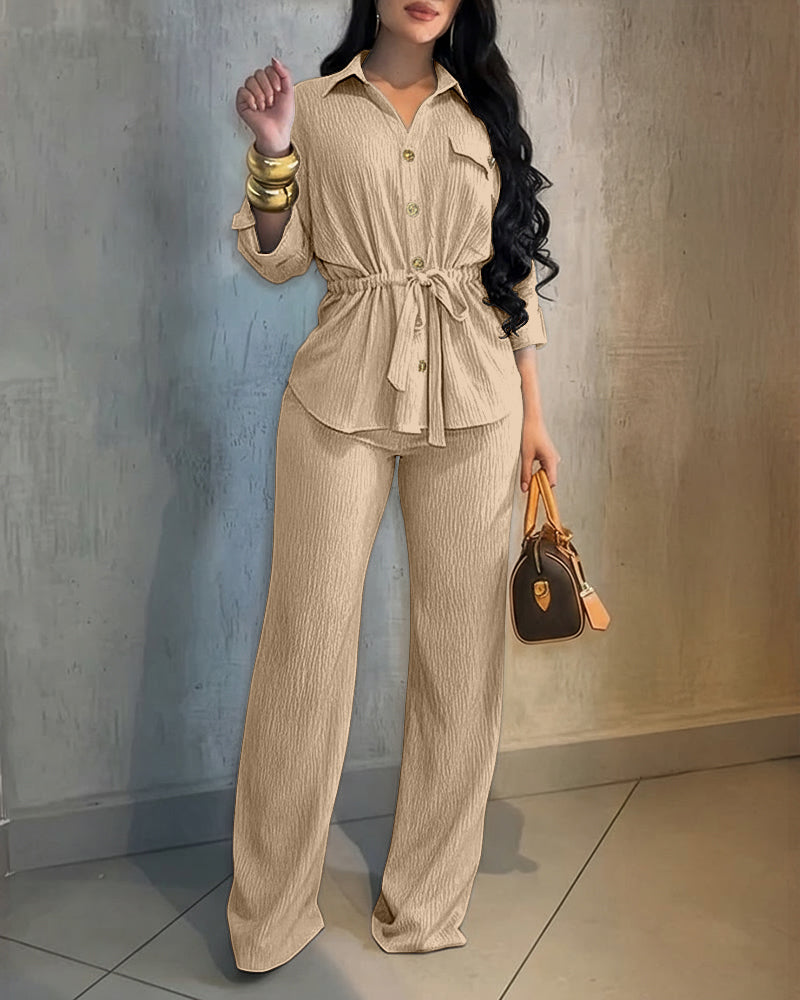 Vintage 2-Piece Set: Drawstring Top and Wide-Leg Pants
