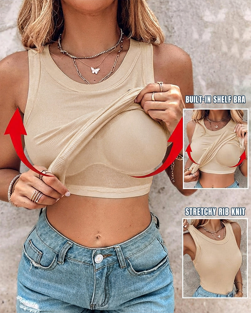 Round Neck Ribbed Tank Top with Integrated Bra