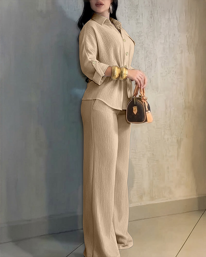 Vintage 2-Piece Set: Drawstring Top and Wide-Leg Pants