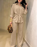 Vintage 2-Piece Set: Drawstring Top and Wide-Leg Pants