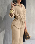 Vintage 2-Piece Set: Drawstring Top and Wide-Leg Pants