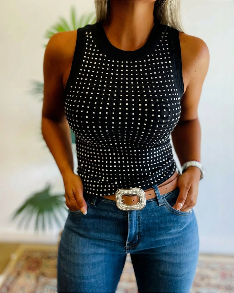 Embellished Rhinestone O-Neck Sleeveless Slim Ribbed Tank Top
