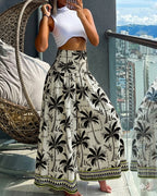 Vintage-Inspired Floral Shirred High-Waist Wide-Leg Pants