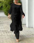 One-Shoulder Top with Coordinating Wide-Leg Pants Set