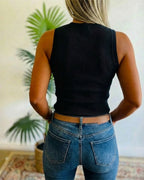 Embellished Rhinestone O-Neck Sleeveless Slim Ribbed Tank Top
