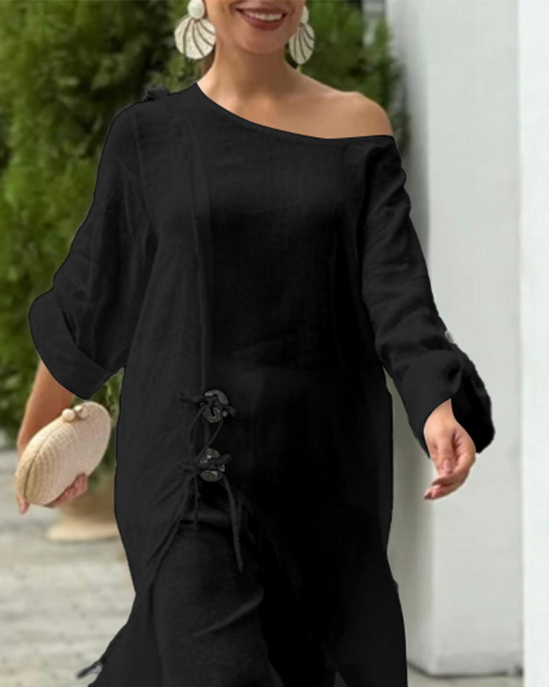 One-Shoulder Top with Coordinating Wide-Leg Pants Set