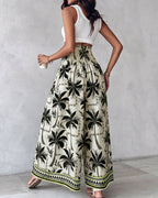 Vintage-Inspired Floral Shirred High-Waist Wide-Leg Pants