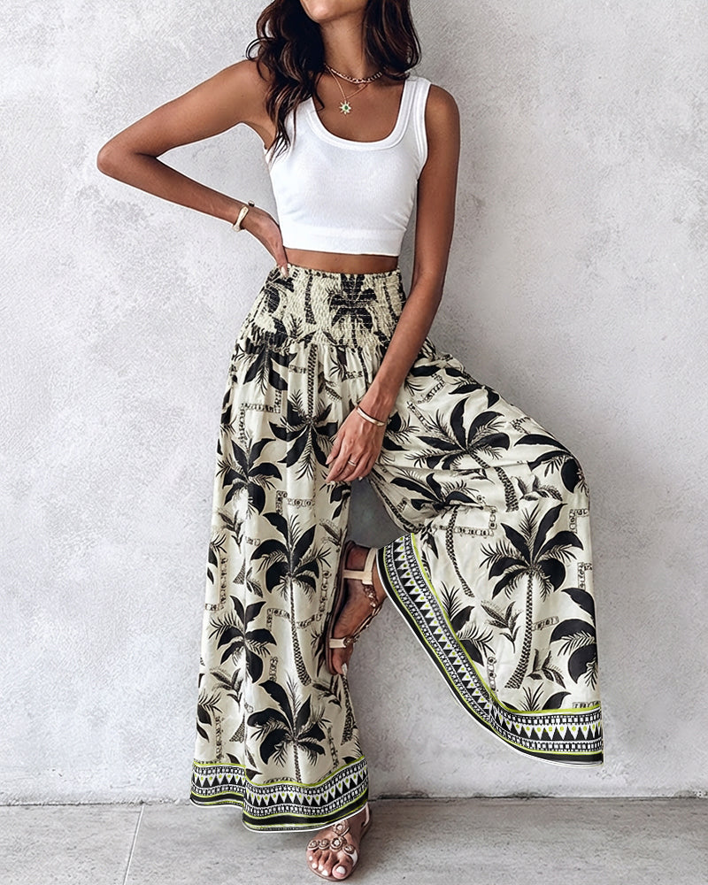 Vintage-Inspired Floral Shirred High-Waist Wide-Leg Pants