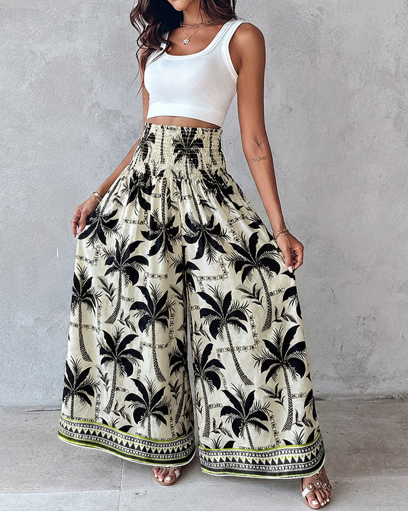 Vintage-Inspired Floral Shirred High-Waist Wide-Leg Pants