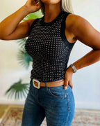 Embellished Rhinestone O-Neck Sleeveless Slim Ribbed Tank Top