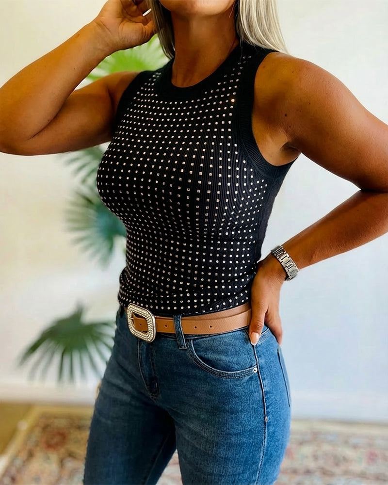 Embellished Rhinestone O-Neck Sleeveless Slim Ribbed Tank Top